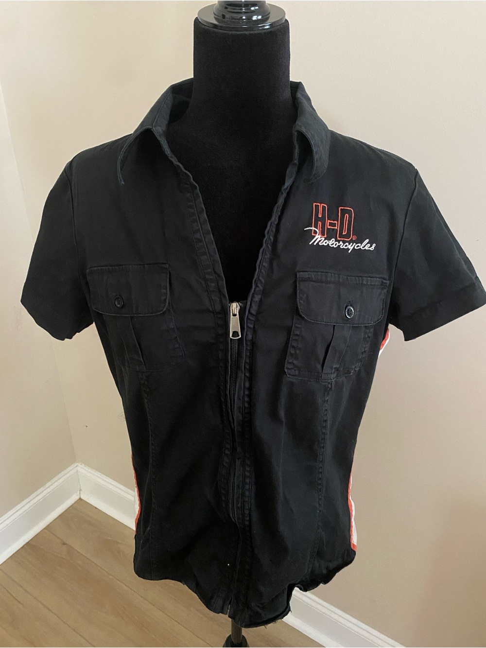 Harley Davidson Motorcycles Black Zip-Front Short Sleeve Shirt size L stretchy